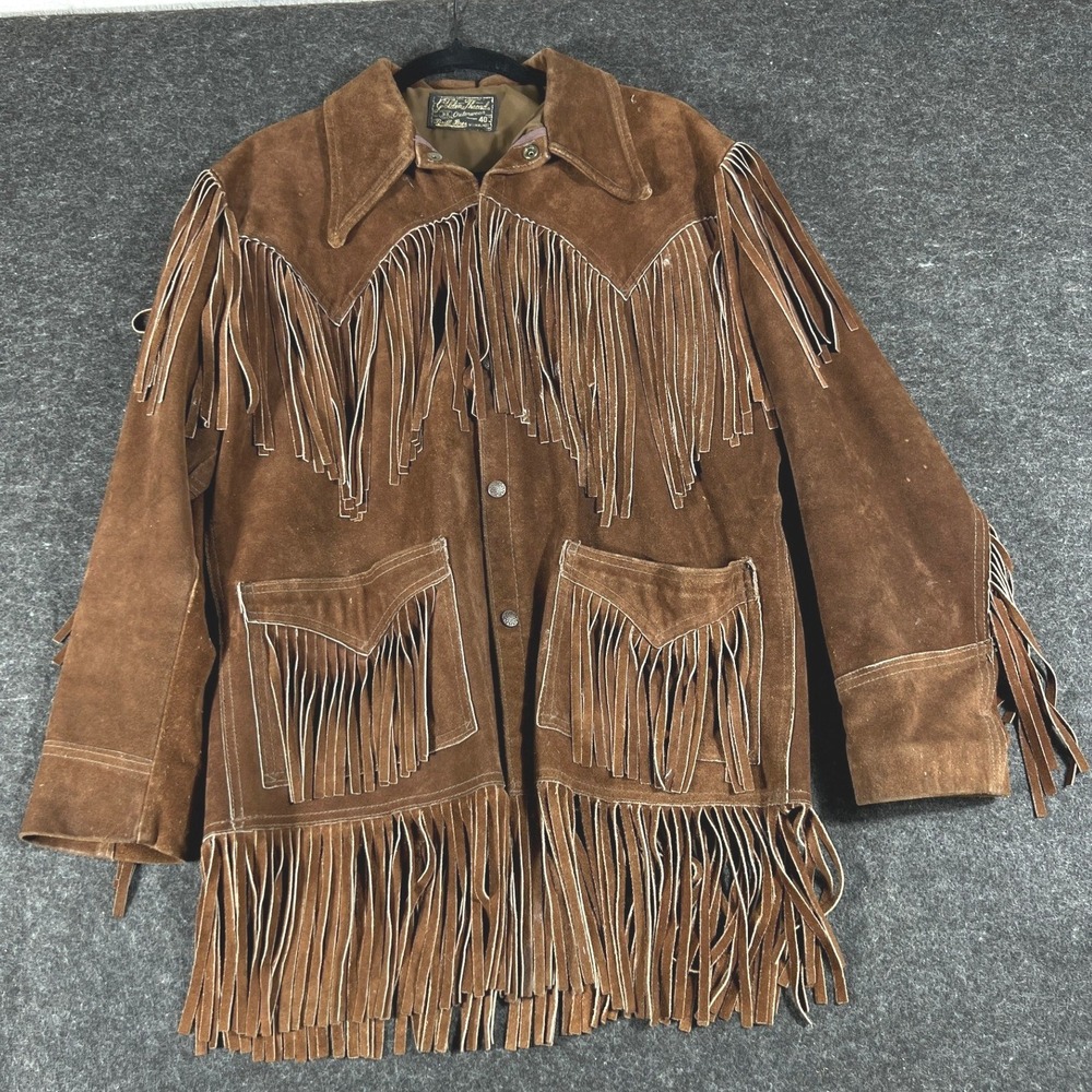 Vintage Golden Thread Brill Bros Brown Suede Fringe Western Jacket Mens 40